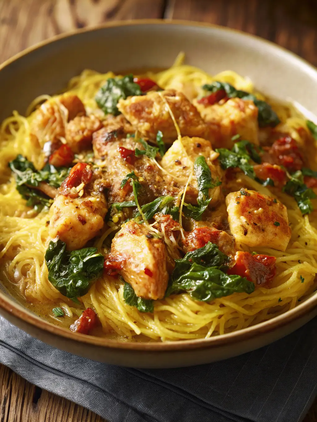 A 3:4 ratio close-up of the cooking process for Tuscan Chicken and Spaghetti Squash in a skillet on a stovetop (burner not prominent). Golden chicken chunks are being stirred into a creamy sauce with wilted spinach and sun-dried tomatoes. Steam gently rises. The background shows hints of a clean kitchen with wood accents, bathed in natural morning light. NO HANDS OR PEOPLE.