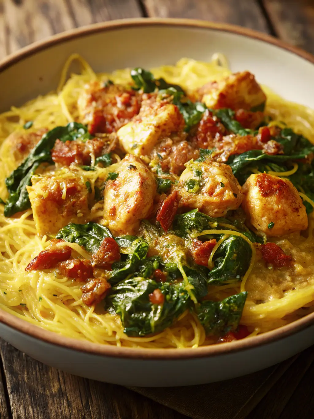 A 3:4 ratio shot of a portion of Tuscan Chicken and Spaghetti Squash in a minimalist white ceramic bowl, highlighting the texture of the spaghetti squash strands, the rich, creamy sauce, and the tender chicken pieces. The spinach and sun-dried tomatoes are clearly visible. Garnished with fresh parsley and black pepper, it rests on a light wooden surface. Soft shadows, warm tones, and natural morning light are present. NO HANDS OR PEOPLE.