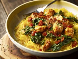 A beautiful 4:3 ratio hero shot of a rustic ceramic bowl brimming with Tuscan Chicken and Spaghetti Squash, showing golden chicken chunks, vibrant green spinach, bright red sun-dried tomatoes, and delicate yellow spaghetti squash noodles thoroughly coated in a creamy, golden sauce. The dish is garnished with fresh green herbs and specks of black pepper. It's placed on a natural wooden surface with a soft, warm natural morning light from an east window, casting gentle shadows. The presentation is clean and tidy, with a sense of genuine love for the process, consistent with a lived-in kitchen aesthetic. NO HANDS OR PEOPLE.