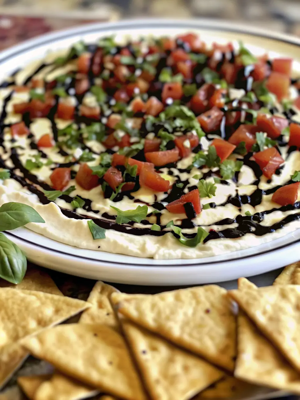 A flat lay of fresh, ripe red Roma tomatoes, a bundle of vibrant green basil, a bottle of balsamic glaze, a bowl of creamy white ricotta, and a drizzle of olive oil, arranged neatly on a wooden cutting board, ready to be prepped for the Bruschetta Dip. Natural morning light from an east window on a marble countertop. Soft shadows, warm tones, clean and tidy presentation. NO HANDS OR PEOPLE. (3:4 ratio)
