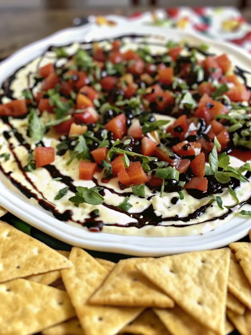 A close-up, slightly overhead shot highlighting the various textures of the finished Bruschetta Dip: the creamy white base, the juicy finely diced red Roma tomatoes, the fresh green basil, and the glossy dark balsamic glaze. A single golden pita chip is just beside the dip, ready to scoop. Presented on a minimalist white plate on a marble countertop. Natural morning light from an east window, warm tones, clean and tidy presentation. NO HANDS OR PEOPLE. (3:4 ratio)