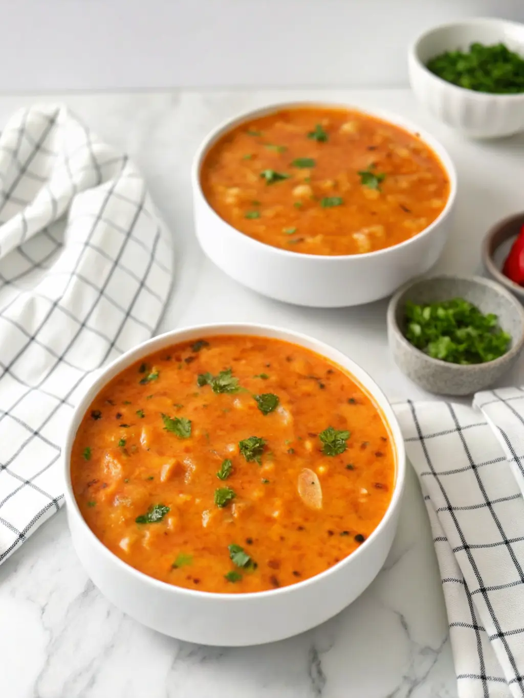 An overhead shot showcasing the key raw ingredients for Vegan Creamy Italian Cabbage Soup arranged artfully on a white marble countertop. This includes a head of fresh green cabbage, whole cloves and a bulb of garlic, a pile of green lentils in a small black bowl, a can of crushed tomatoes, cannellini beans, and fresh parsley sprigs. The familiar distressed wooden cutting board is subtly visible in the background. Natural morning light from an east window creates gentle highlights and soft shadows. NO HANDS OR PEOPLE.