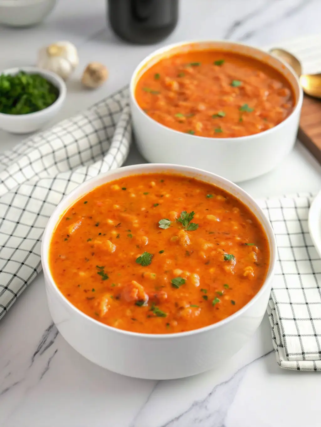 A side-angle shot of a large, rustic Dutch oven (dark enamel or stainless steel) on a stovetop, filled with the Vegan Creamy Italian Cabbage Soup simmering gently. Visible steam rises, and the rich orange-red broth shows tender cabbage, lentils, and diced vegetables. A wooden spoon rests on the side of the pot. The marble countertop is visible around the pot. Natural morning light from an east window illuminates the scene, creating a cozy and active kitchen feel. NO HANDS OR PEOPLE.