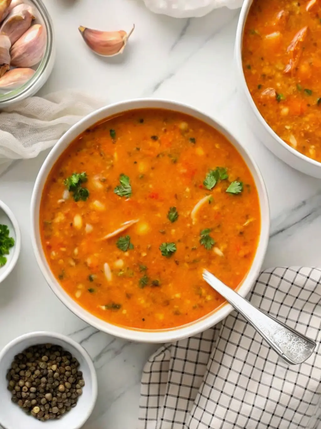 A close-up, slightly angled shot of a minimalist white ceramic bowl filled with the Vegan Creamy Italian Cabbage Soup. The focus is on the rich texture of the soup, highlighting the tender pieces of cabbage, visible green lentils, and the creamy consistency. A generous sprinkle of fresh chopped parsley garnishes the top. The white marble countertop and a glimpse of the silver spoon are in the soft-focus background. Natural morning light from an east window accentuates the warm tones and inviting feel. NO HANDS OR PEOPLE.