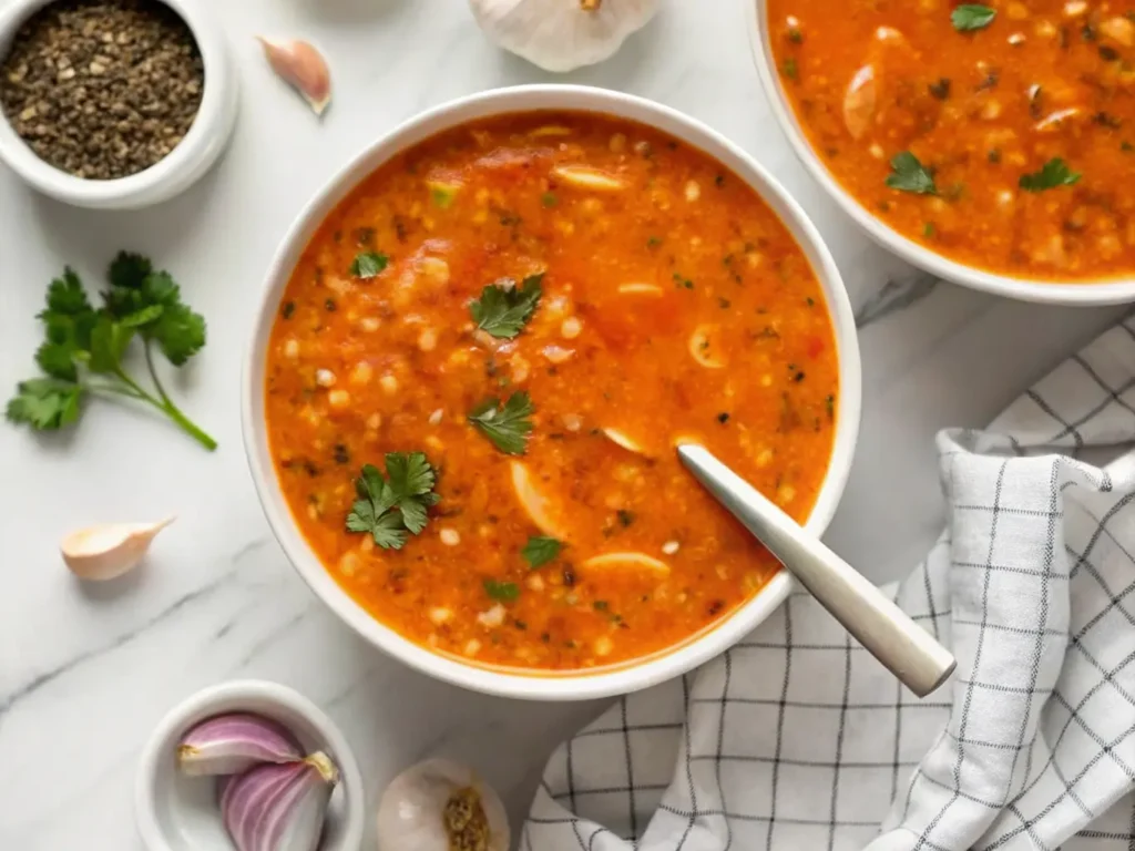 A top-down shot of a large, minimalist white ceramic bowl filled with vibrant orange-red Vegan Creamy Italian Cabbage Soup. The soup is garnished with plenty of fresh, chopped green parsley, and visible chunks of tender cabbage, small green lentils, and lighter bean pieces. A silver spoon is resting in the bowl. In the background, on a white marble countertop, a small dark grey mortar holds black peppercorns, and a white mortar holds coarse sea salt on the familiar distressed wooden cutting board. A few fresh garlic cloves and a head of garlic are scattered on the marble. Natural morning light from an east window casts soft shadows, creating warm, inviting tones with a clean and tidy presentation. NO HANDS OR PEOPLE.