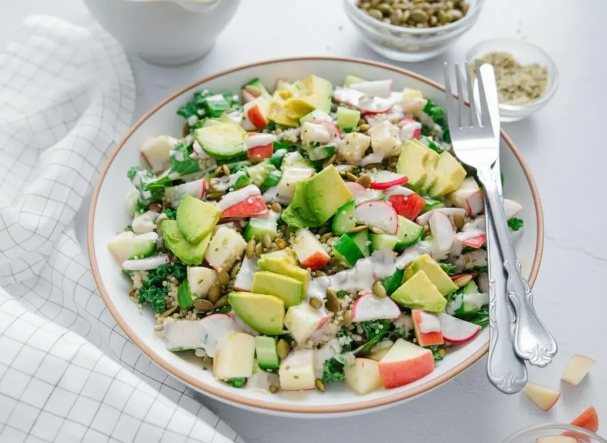 A vibrant, fresh Vegan Protein Kale Salad in a minimalist white bowl with a thin brown rim, overflowing with chopped kale, fluffy quinoa, diced cucumber, sliced radishes, vibrant red apple pieces, and perfectly fanned avocado slices. Creamy white dressing is drizzled over the top, with a small white ceramic pitcher of dressing nearby. A small clear glass bowl of pumpkin seeds and another with hemp seeds are visible in the background. A vintage-style silver fork and knife rest beside the main bowl. The scene is set on marble countertops with subtle wood accents, bathed in natural morning light from an east window, with soft shadows and warm tones. Fresh herbs are artfully blurred in the background, with a clean, tidy presentation. No hands or people. (4:3 ratio)