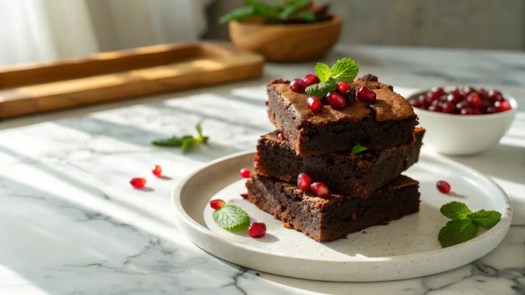 A beautifully composed 16:9 hero shot of a stack of fudgy vegan spelt brownies on a minimalist white plate, garnished with vibrant fresh pomegranate arils and a few fresh mint leaves, set on marble countertops with wood accents in natural morning light. Soft shadows play across the scene, creating a warm, inviting atmosphere, with fresh herbs visible in the softly blurred background. The presentation is clean and tidy, but retains a homemade, lived-in feel.