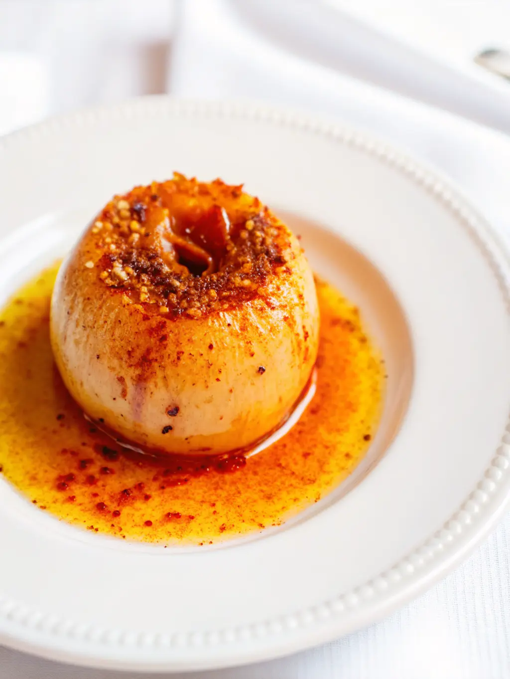 A flat lay of ingredients for Onion Boil: 4 whole peeled yellow onions, small ceramic bowls filled with bright red paprika, red pepper flakes, dried oregano, garlic powder, and a glass bottle of olive oil. Arranged neatly on a wooden cutting board on a marble countertop, with fresh herbs (e.g., parsley) subtly visible in the background. Natural morning light, soft shadows, warm tones, clean and tidy. No hands or people. (3:4 ratio)