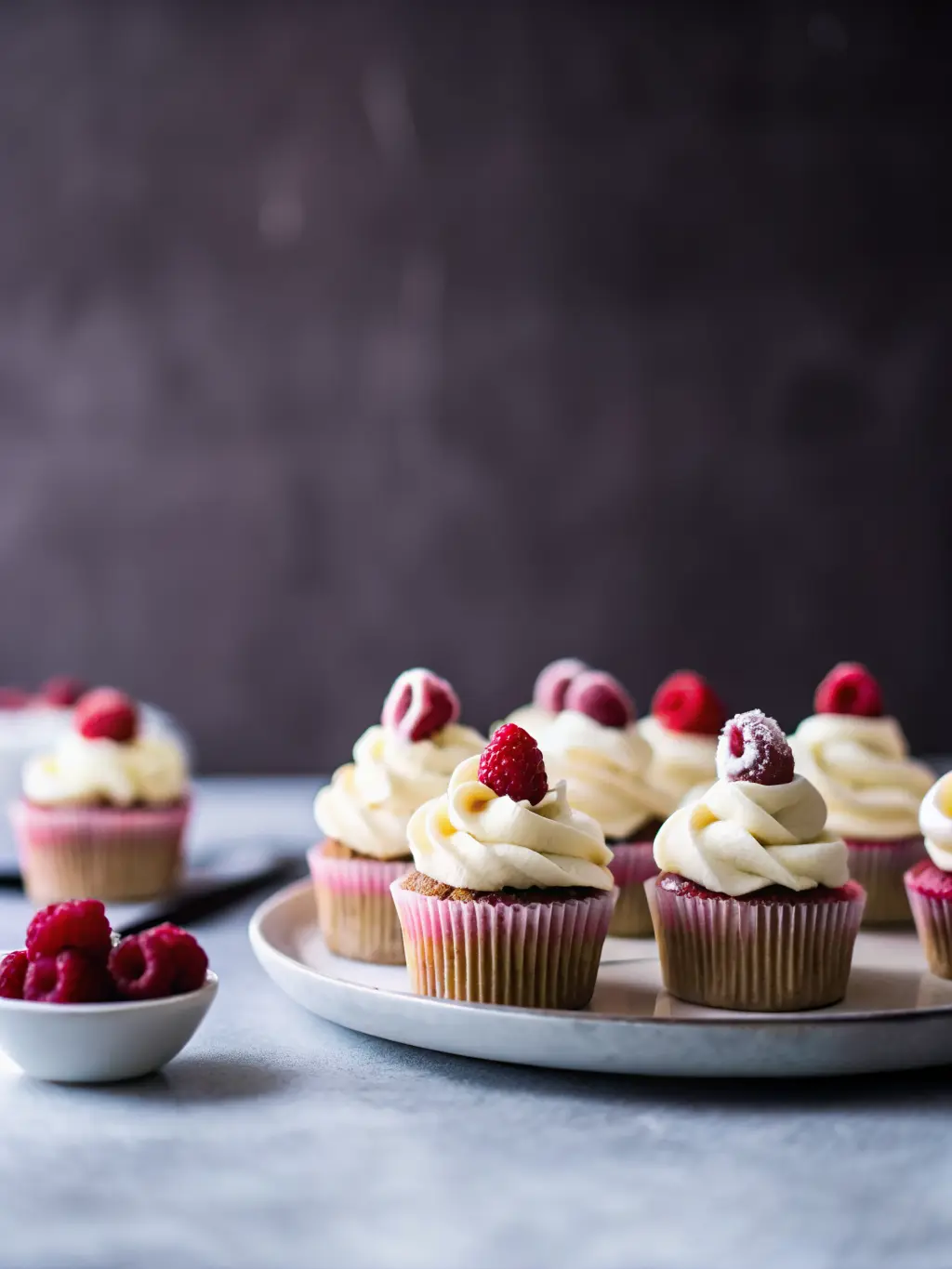 A still life arrangement on marble countertops in natural morning light. Ingredients for White Chocolate Raspberry Cupcakes are neatly laid out: a bowl of fresh, vibrant red raspberries, small white chocolate pieces, flour, eggs, and a stick of butter on the same wooden cutting board. A minimalist ceramic bowl holds some measured dry ingredients. The scene is clean, tidy, with soft shadows and warm tones, and fresh herbs visible in the background. Shot at a 3:4 ratio. NO HANDS OR PEOPLE.