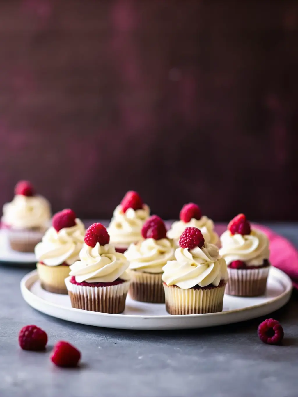 A close-up shot of White Chocolate Raspberry Cupcake batter in a mixing bowl on marble countertops, with gently folded-in fresh, flour-tossed red raspberries visible. A rubber spatula rests nearby on the wooden cutting board. Natural morning light from an east window creates soft shadows. The focus is on the textured batter and raspberry distribution. Clean and tidy presentation with warm tones. Shot at a 3:4 ratio. NO HANDS OR PEOPLE.