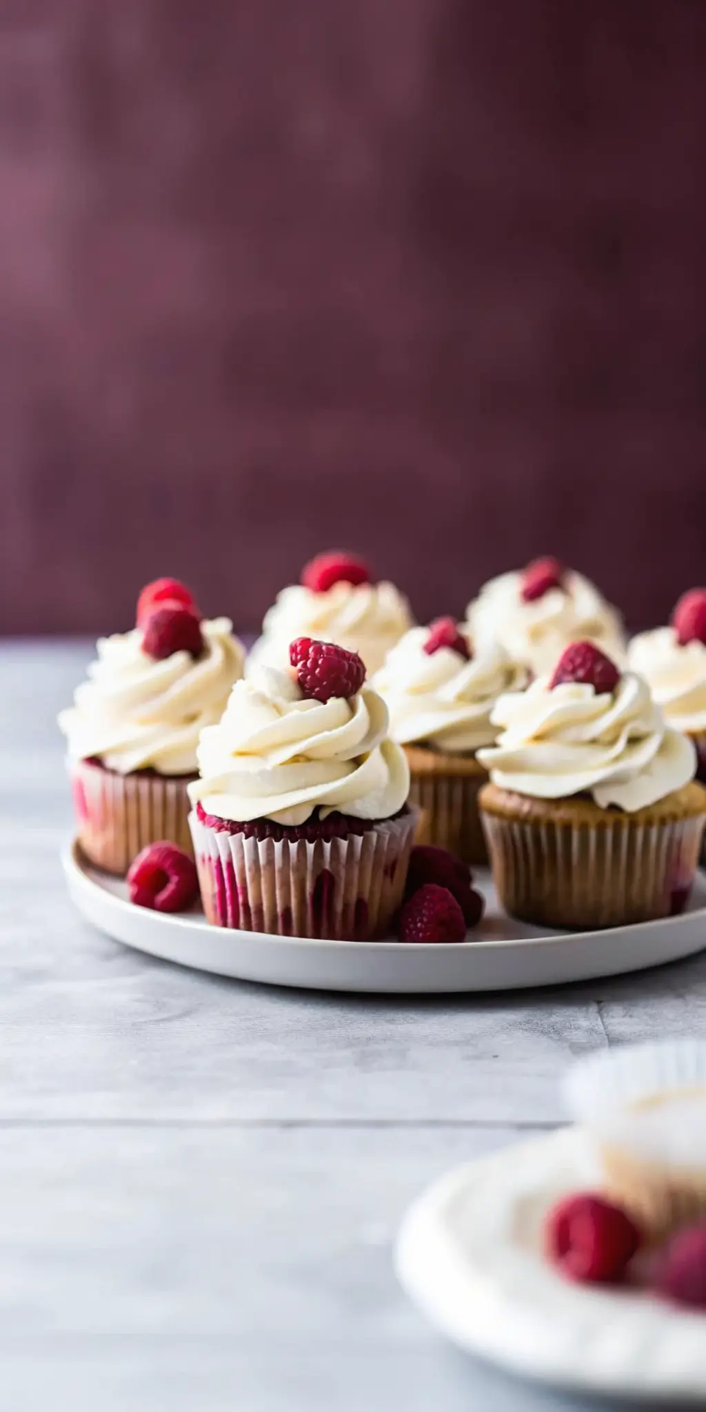 A stack of baked and cooled White Chocolate Raspberry Cupcakes, some with their distinct light-colored base and visible red raspberry pieces, waiting to be frosted on a cooling rack over a wooden cutting board. One cupcake is partially frosted with the creamy white frosting, showcasing its smooth texture. A small bowl of fresh red raspberries and white chocolate shards for garnish is nearby. Natural morning light and warm tones highlight the textures. Shot at a 3:4 ratio. NO HANDS OR PEOPLE.