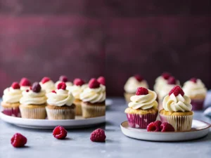 A hero shot of multiple White Chocolate Raspberry Cupcakes on a deep maroon, minimalist plate, arranged beautifully. Each cupcake has a light-colored base with visible baked-in red raspberry pieces, generously topped with a perfectly swirled, creamy white frosting, garnished with a single fresh red raspberry and a small white chocolate shard. The setting is a kitchen with natural morning light from an east window, marble countertops, and a subtle wooden cutting board in the soft-focused background. Warm tones, clean and tidy presentation, soft shadows. Shot at a 4:3 ratio. NO HANDS OR PEOPLE.