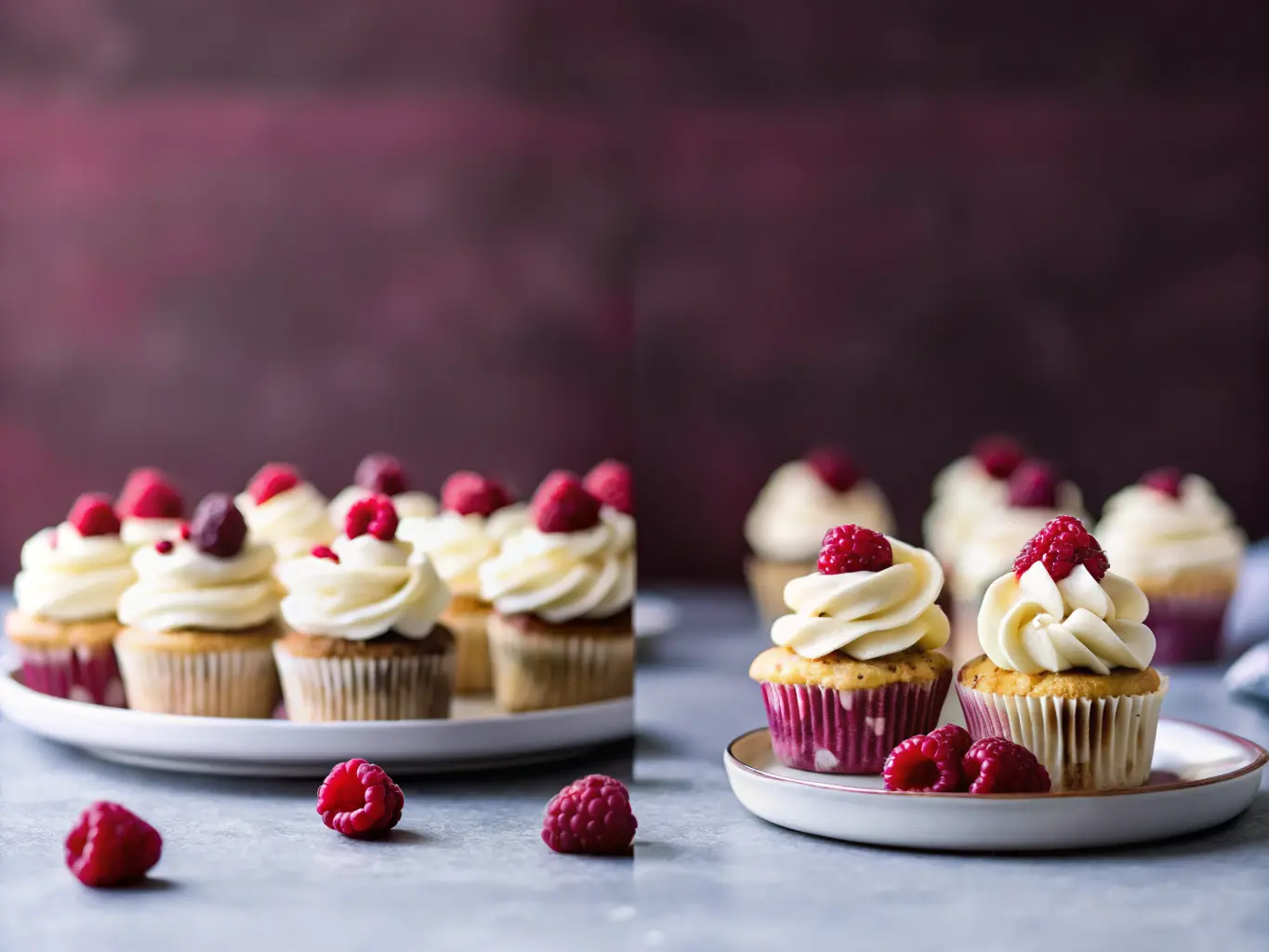 A hero shot of multiple White Chocolate Raspberry Cupcakes on a deep maroon, minimalist plate, arranged beautifully. Each cupcake has a light-colored base with visible baked-in red raspberry pieces, generously topped with a perfectly swirled, creamy white frosting, garnished with a single fresh red raspberry and a small white chocolate shard. The setting is a kitchen with natural morning light from an east window, marble countertops, and a subtle wooden cutting board in the soft-focused background. Warm tones, clean and tidy presentation, soft shadows. Shot at a 4:3 ratio. NO HANDS OR PEOPLE.