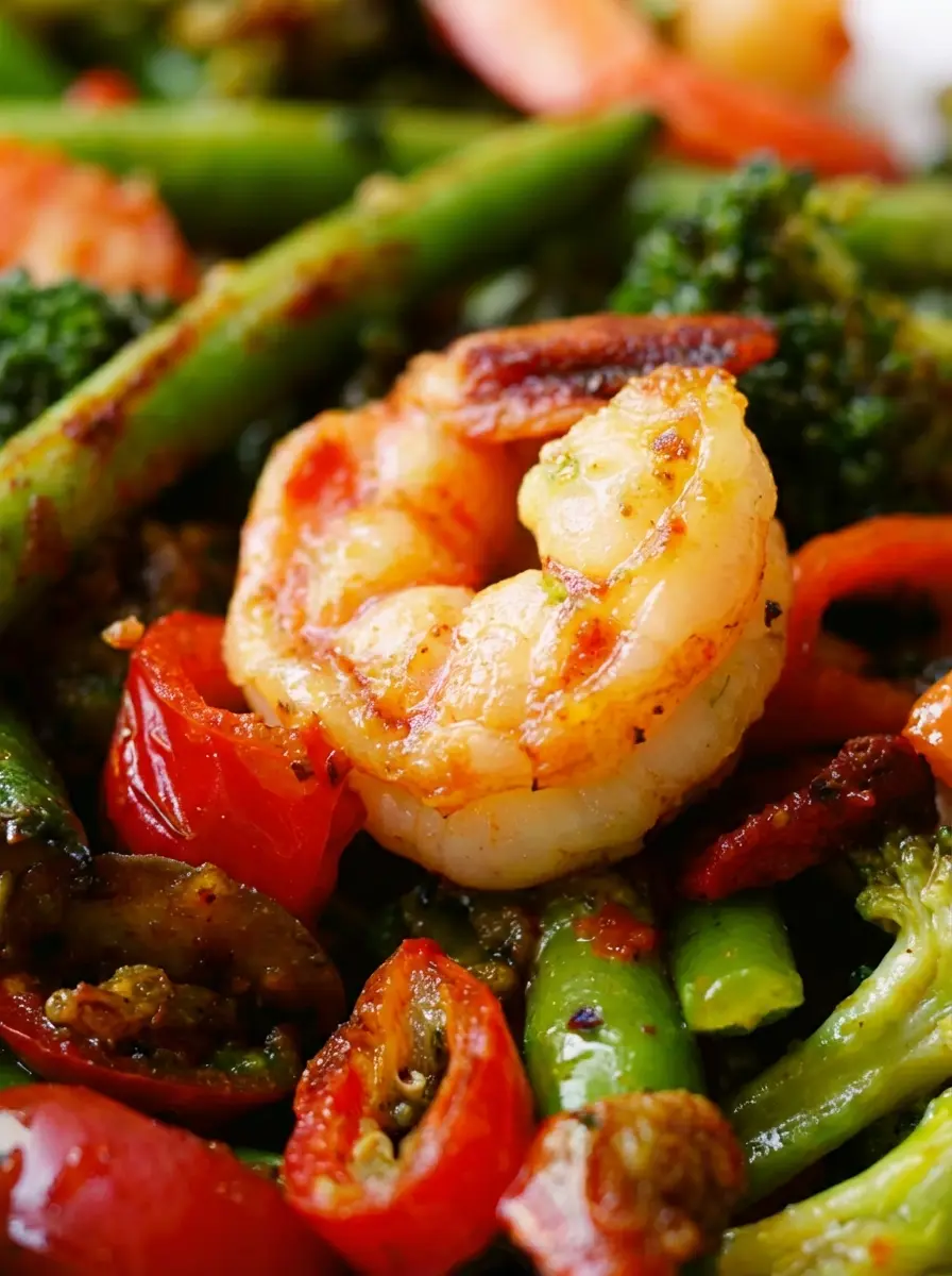 A clean shot of raw, peeled shrimp, trimmed green beans, broccoli florets, and thinly sliced red chilies arranged neatly on the same wooden cutting board, with small ceramic bowls holding minced garlic and grated ginger. Natural morning light, marble countertop, soft shadows. (3:4 ratio)