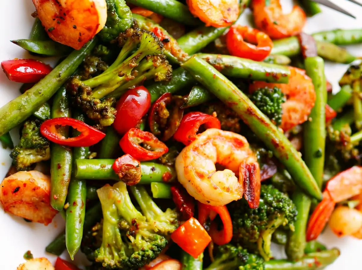 Close-up hero shot of the vibrant 15-Minute Shrimp And Veg Stir-Fry on a minimalist white plate, showcasing plump orange shrimp, bright green beans and broccoli, and vivid red chili slices, with crispy bacon bits interspersed. Shot under natural morning light with soft shadows, on a marble countertop with a hint of a wooden cutting board in the background and fresh herbs. Warm tones, clean and tidy presentation. (4:3 ratio)