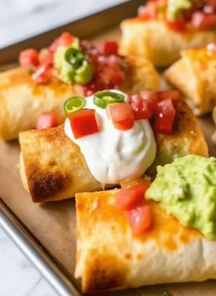 Baked Chicken Chimichangas 3:4 vertical shot. Ingredients prep on a marble counter. A ceramic bowl filled with shredded chicken mixed with cream cheese and spices, next to a stack of flour tortillas and a small bowl of melted butter. Fresh green onions and a wooden spoon are nearby. Natural lighting.