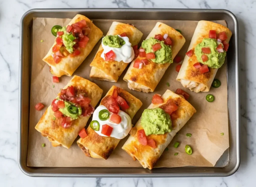 A high-angle 4:3 hero shot of a parchment-lined baking sheet sitting on a marble countertop. The sheet contains six golden-brown baked chimichangas arranged neatly. They are topped generously with dollops of white sour cream, bright green guacamole, and red pico de gallo salsa. Natural morning light flows from the left, casting soft shadows. A wooden cutting board is visible in the background with fresh cilantro. The style is warm, lived-in, and appetizing.