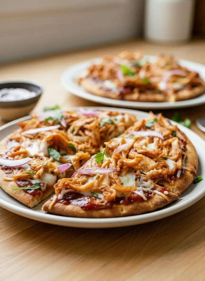 A 3:4 overhead shot displaying the organized ingredients for BBQ Chicken Pita Pizzas laid out on a wooden cutting board on a marble countertop. Visible items include fresh pita breads, a bowl of shredded cooked chicken, a bowl of barbecue sauce, a ceramic bowl of shredded mozzarella cheese, a small bowl of thinly sliced red onion, and a bundle of fresh cilantro. Natural morning light creates soft shadows. The kitchen is clean and tidy with warm tones.