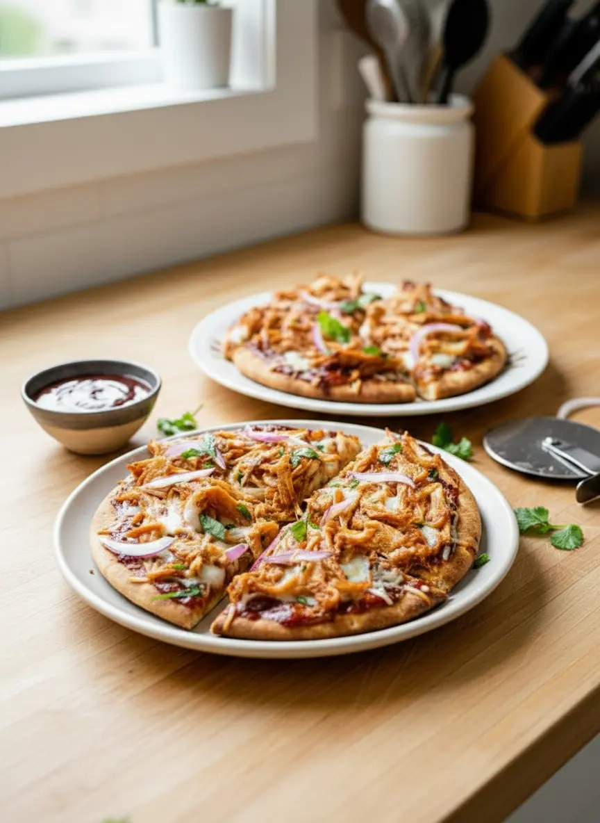 A 3:4 close-up shot of the assembly process of a BBQ Chicken Pita Pizza on a wooden cutting board. A pita bread is shown with barbecue sauce spread on it, topped with the shredded BBQ chicken mixture, and partially covered with shredded mozzarella and red onion. The scene is bathed in natural morning light from an east window, with subtle wood accents and marble countertop visible in the background. No hands or people. Clean and tidy presentation with warm tones.