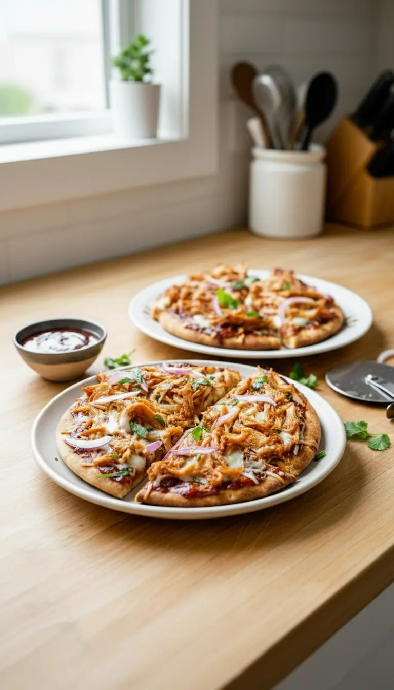 A 3:4 close-up of a single slice of a finished BBQ Chicken Pita Pizza, lifted slightly to show the gooey melted cheese and crispy pita crust. The pizza is on a minimalist white plate, with the rustic baking sheet holding the remaining pizzas in the background, slightly out of focus. Shredded BBQ chicken, melted mozzarella, red onion, and fresh cilantro are clearly visible. Natural morning light, soft shadows, marble countertop, and fresh herbs in the background. Warm tones, clean and tidy presentation.