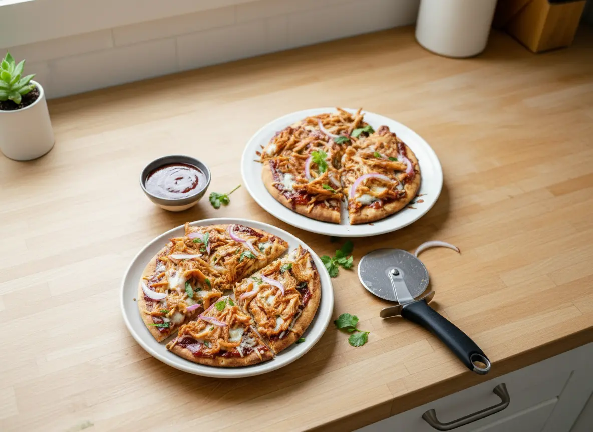 A vibrant 4:3 close-up shot of two freshly baked BBQ Chicken Pita Pizzas, one sliced into wedges, on a dark, rustic baking sheet. The pizzas feature golden-brown pita crusts generously topped with shredded BBQ chicken, melted, bubbly mozzarella cheese, thinly sliced red onion, and fresh green cilantro leaves. A small silver ramekin of rich, dark BBQ sauce sits on the baking sheet beside them. The scene is bathed in natural morning light from an east window, casting soft shadows. A marble countertop with subtle wood accents is visible in the background, clean and tidy with fresh herbs slightly out of focus. Warm tones, clean presentation, genuine love for the process.