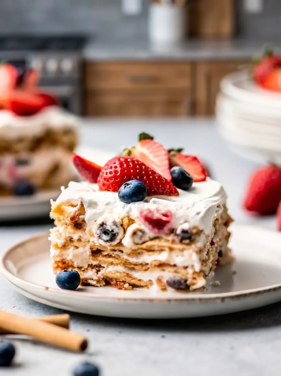 A close-up shot of the Berry Vanilla Cashew Snack Bar mixture in a large clear glass mixing bowl, showcasing the oats, cashews, and dried cranberries thoroughly coated and sticky. A wooden spatula rests in the bowl. The background reveals a subtle glimpse of a clean marble countertop and the wooden cutting board. Natural morning light, soft shadows. (3:4 ratio)