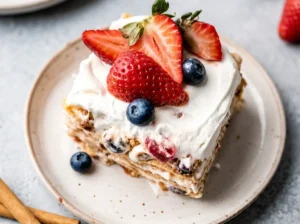 A hero shot of several golden-brown Berry Vanilla Cashew Snack Bars cut into perfect squares, arranged invitingly on a wooden cutting board. Visible oats, chunky cashews, and dark red dried cranberries are prominent. Natural morning light from an east window casts soft, warm shadows. The setting is a clean marble countertop, with a minimalist white ceramic bowl subtly in the background, showcasing a few loose cashews. (4:3 ratio)