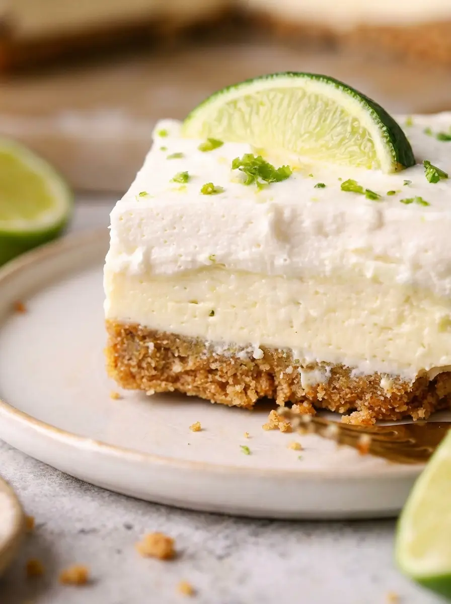 Ingredients for Key Lime Pie Bars arranged neatly on a marble countertop: fresh key limes, a bowl of graham cracker crumbs, a can of condensed milk, eggs, and butter. A small bundle of fresh mint leaves is subtly visible in the background, all bathed in natural morning light. (3:4)