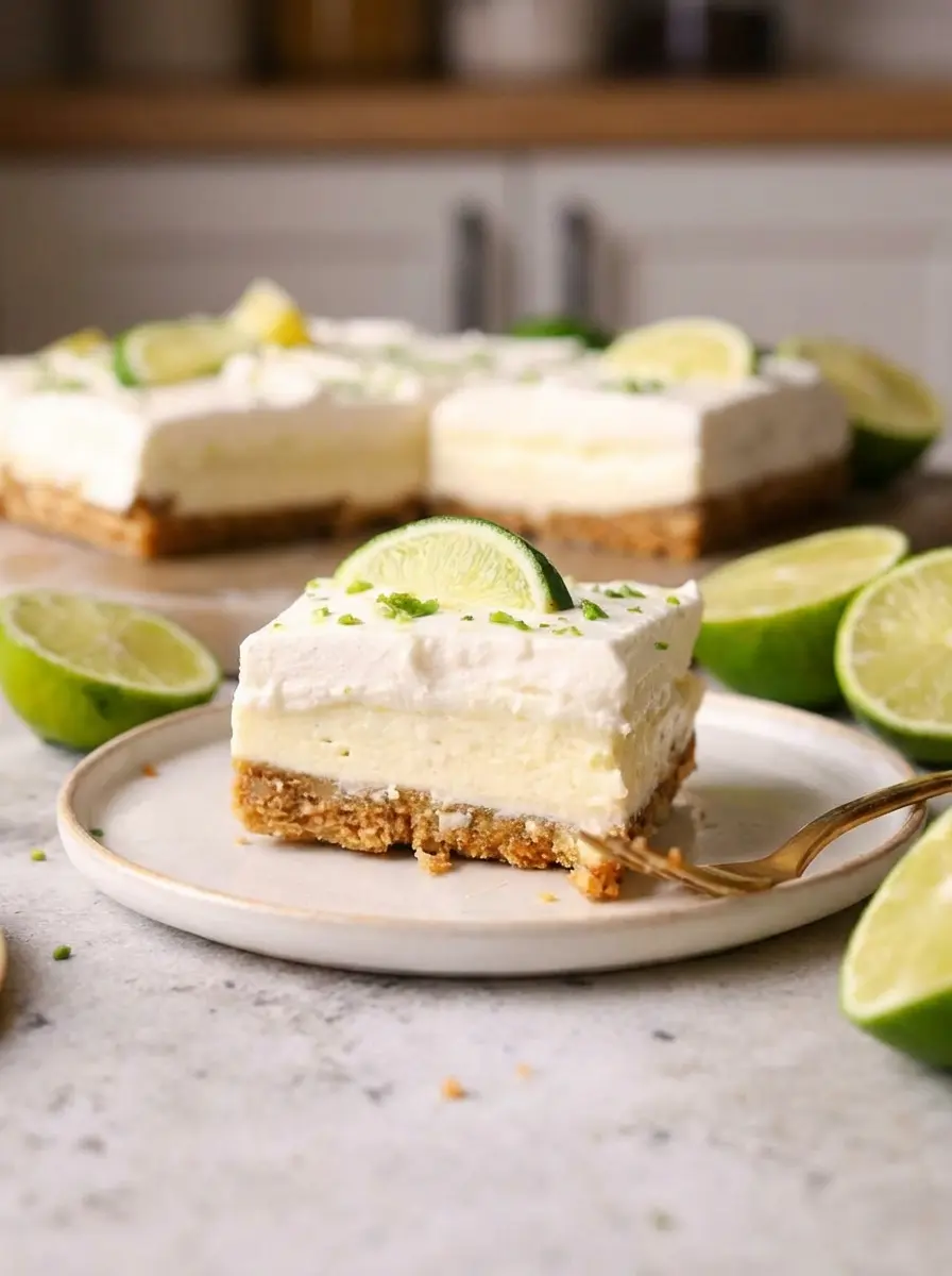 A close-up shot of the Key Lime Pie Bars filling being poured into a graham cracker crust in a white ceramic baking dish, ready for the oven. The mixture is pale yellow-green and smooth, with visible flecks of lime zest. The scene is set on a wooden cutting board on a marble countertop under warm, soft morning light. (3:4)