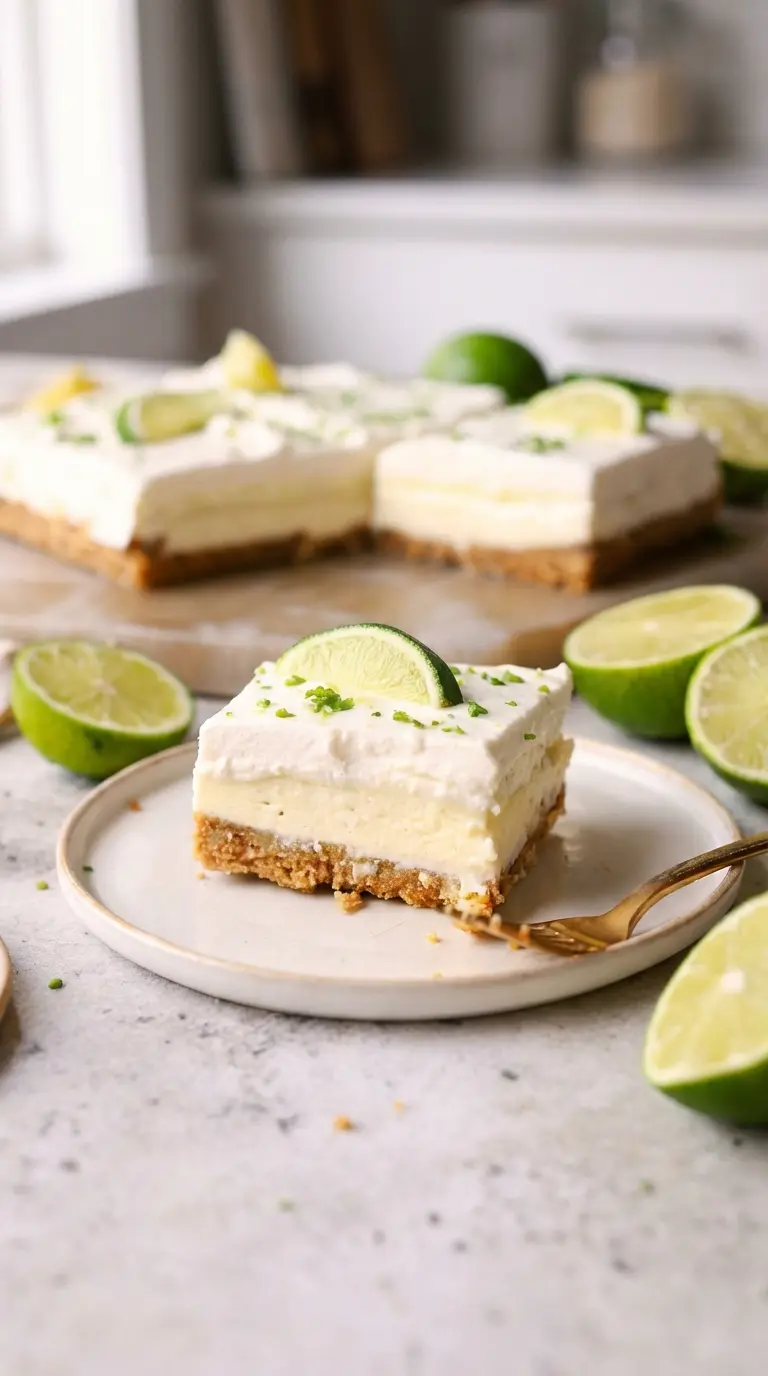 A stack of two Key Lime Pie Bars on a minimalist white plate, showcasing the creamy texture of the filling and the fluffy whipped cream topping, garnished with a sprig of fresh mint and a thin lime slice. The wooden cutting board and marble countertop are visible in the background, with soft morning light. (3:4)