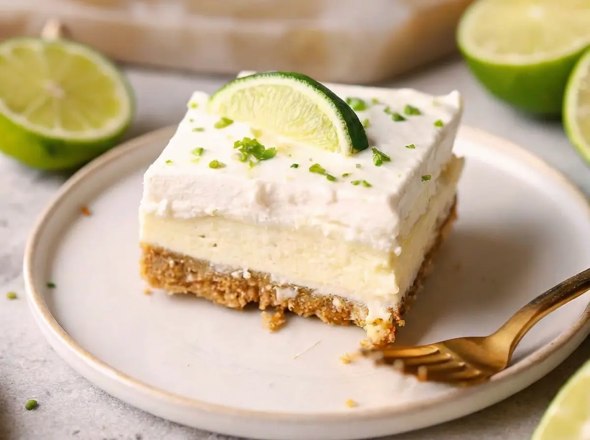 A close-up shot of several perfectly cut Key Lime Pie Bars on a wooden cutting board, showcasing the distinct layers of graham cracker crust, pale yellow-green lime filling, and thick white whipped cream topping. Each bar is sprinkled with fine green lime zest and one has a thin lime slice garnish. Soft natural morning light illuminates the scene, casting gentle shadows on the marble countertop. (4:3)