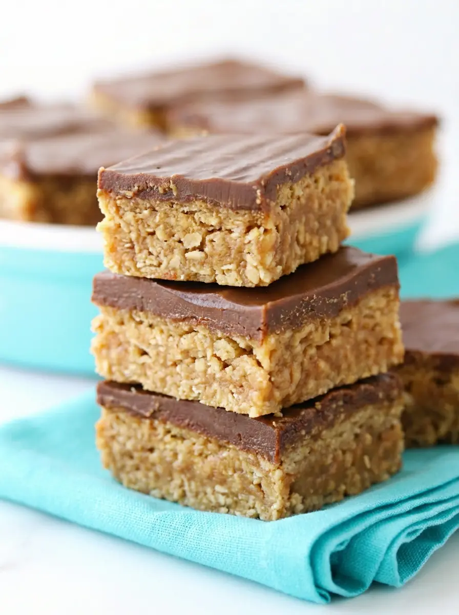 A process shot (3:4 ratio) showing the un-cut no bake Scotcheroo bars in a 9x13 inch baking pan, with the smooth, glossy chocolate and caramel-like topping freshly spread over the crispy rice cereal base. The pan is sitting on a marble countertop with a corner of the wooden cutting board visible, under soft, natural morning light, capturing warm tones.