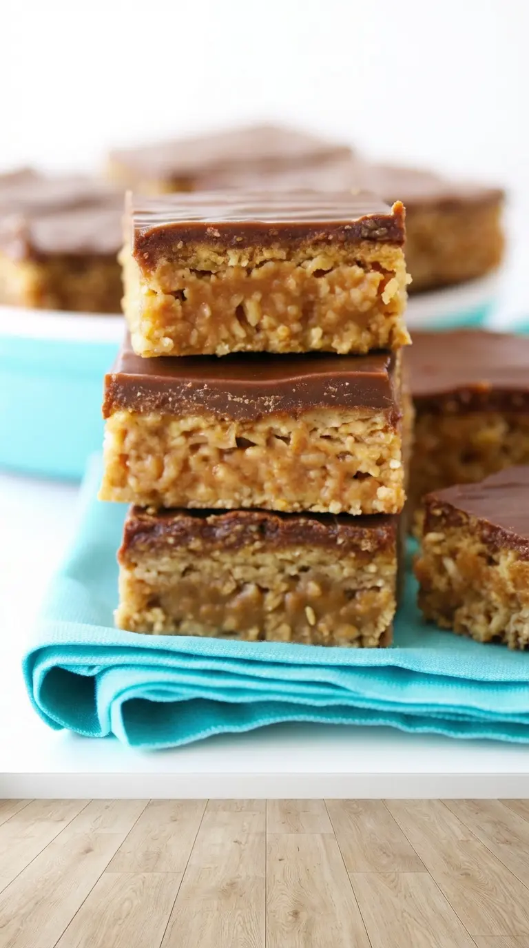 A close-up (3:4 ratio) of a single, perfectly cut no bake Scotcheroo bar sitting on a minimalist white ceramic plate, clearly displaying the distinct chewy-crispy base, the gooey caramel-like layer, and the rich, set chocolate topping. The shot emphasizes the texture and layers, with soft highlights from natural morning light. A few fresh herbs are blurred in the background on the marble countertop.