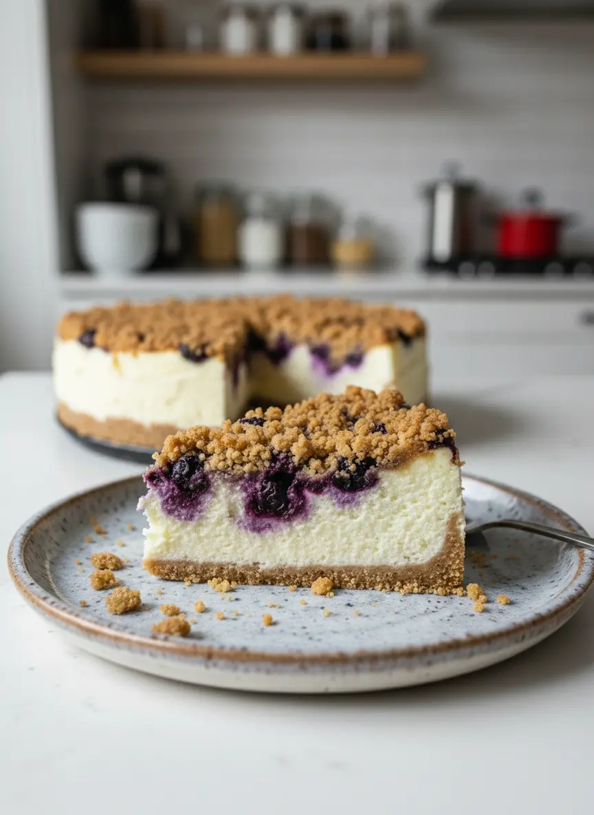 Ingredients laid out for Blueberry Crumble Cheesecake: packages of cream cheese, fresh blueberries in a ceramic bowl, graham crackers, flour, sugar, and lemon, arranged neatly on a wooden cutting board on a marble countertop, bathed in natural morning light, soft shadows, warm tones, with fresh herbs in the background, clean and tidy presentation, no hands or people. (3:4 ratio)