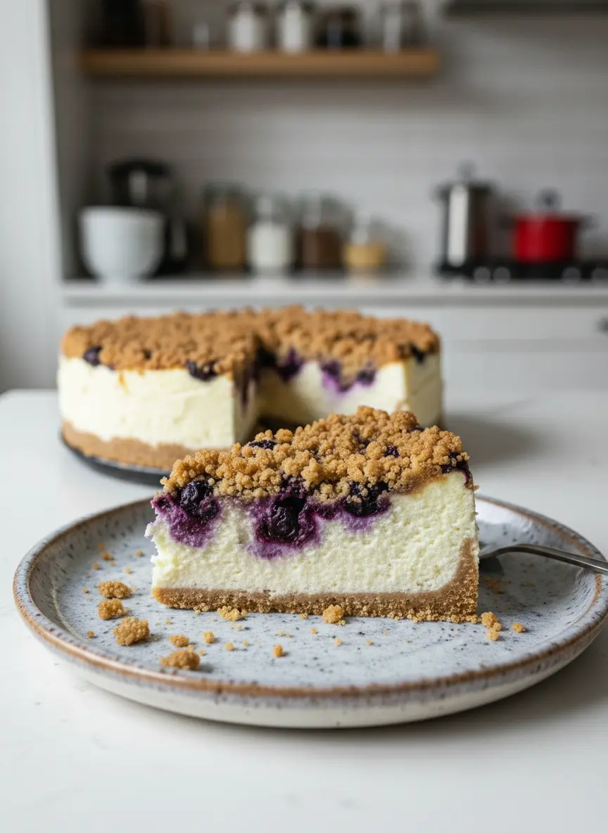 Process shot of Blueberry Crumble Cheesecake in a springform pan, showing the creamy white cheesecake batter with distinct purple blueberry swirls partially topped with golden-brown streusel crumbs, ready for the oven. The scene is set on a marble countertop with natural morning light and subtle wood accents, clean and tidy presentation, soft shadows, warm tones, no hands or people. (3:4 ratio)