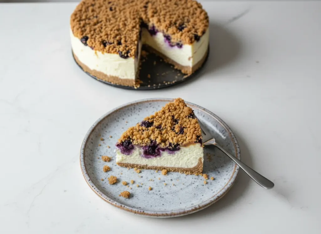 A perfect slice of Blueberry Crumble Cheesecake on a speckled gray and white ceramic plate, showcasing its creamy white filling, rich purple blueberry swirls, and golden-brown streusel topping. The graham cracker crust is visible. Crumbs are scattered on the plate. Styled on a marble countertop with soft morning light from an east window, blurred fresh herbs and a wooden cutting board in the background, warm tones, no hands or people. (4:3 ratio)