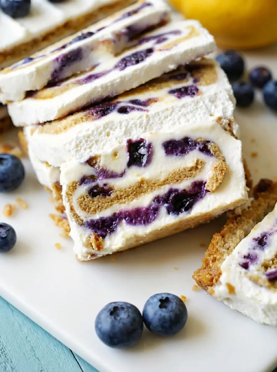 A 3:4 vertical shot focusing on the ingredients arranged on a marble countertop. A bowl of fresh, plump blueberries, a block of cream cheese, a stack of graham crackers, and a bright yellow lemon with a zester next to it. Minimalist white ceramic bowls are used. Natural lighting from the east.
