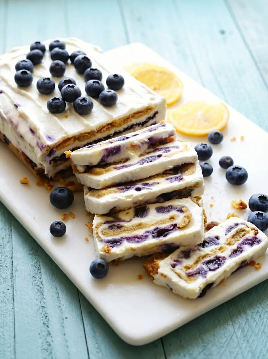 A 3:4 vertical shot showing the assembly process inside a plastic-wrap-lined loaf pan. The view shows a layer of white cream being spread over graham crackers, with a spoon dropping dollops of purple blueberry sauce on top. The background shows the marble counter and a glimpse of the wooden cutting board.
