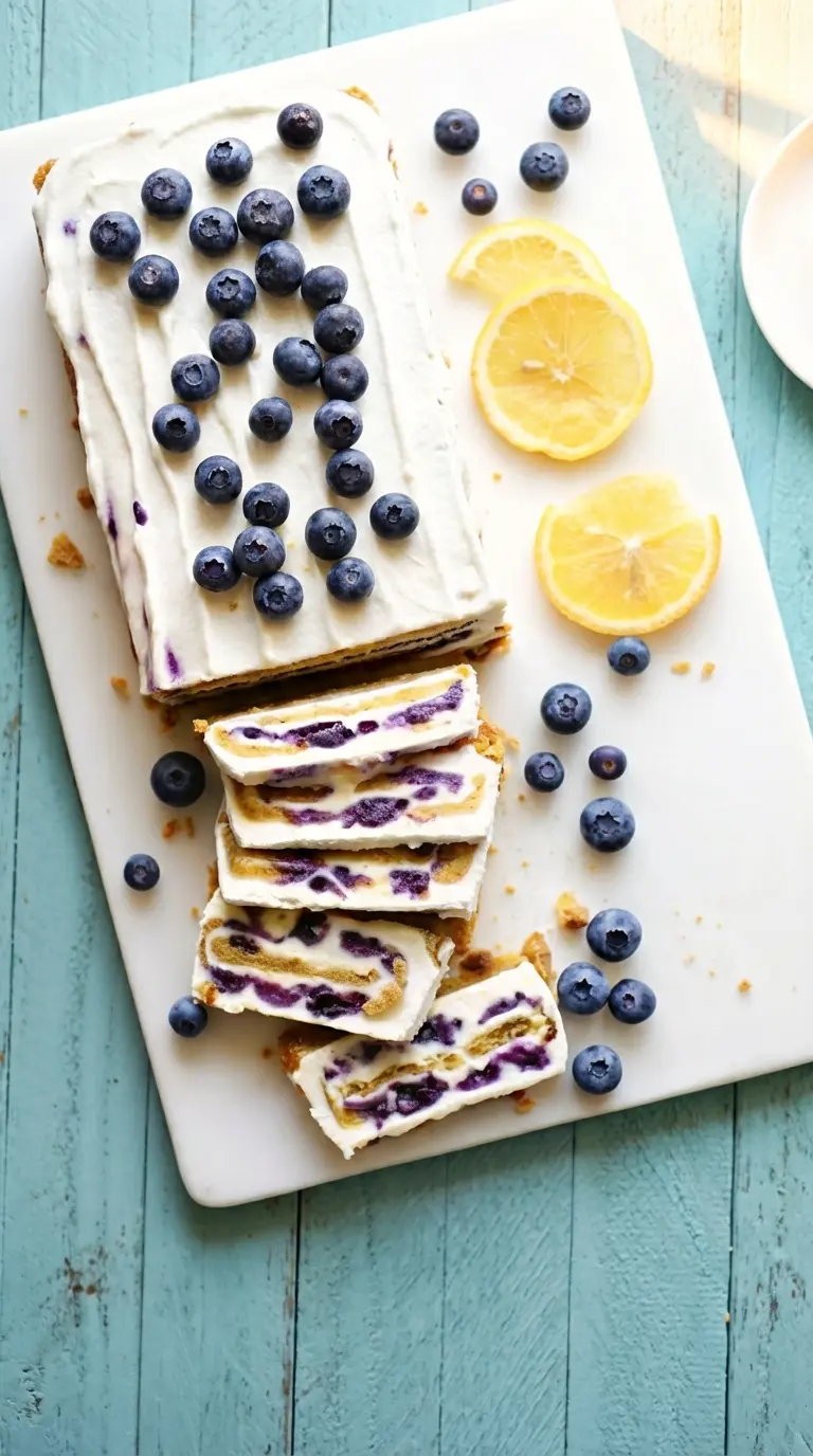 A 3:4 vertical shot of a single thick slice of the icebox cake on a minimalist white plate. The slice is lying flat, showcasing the distinct striations of tan cracker, white cream, and purple fruit. A fork is resting on the plate, ready to take a bite. Soft, warm tones.
