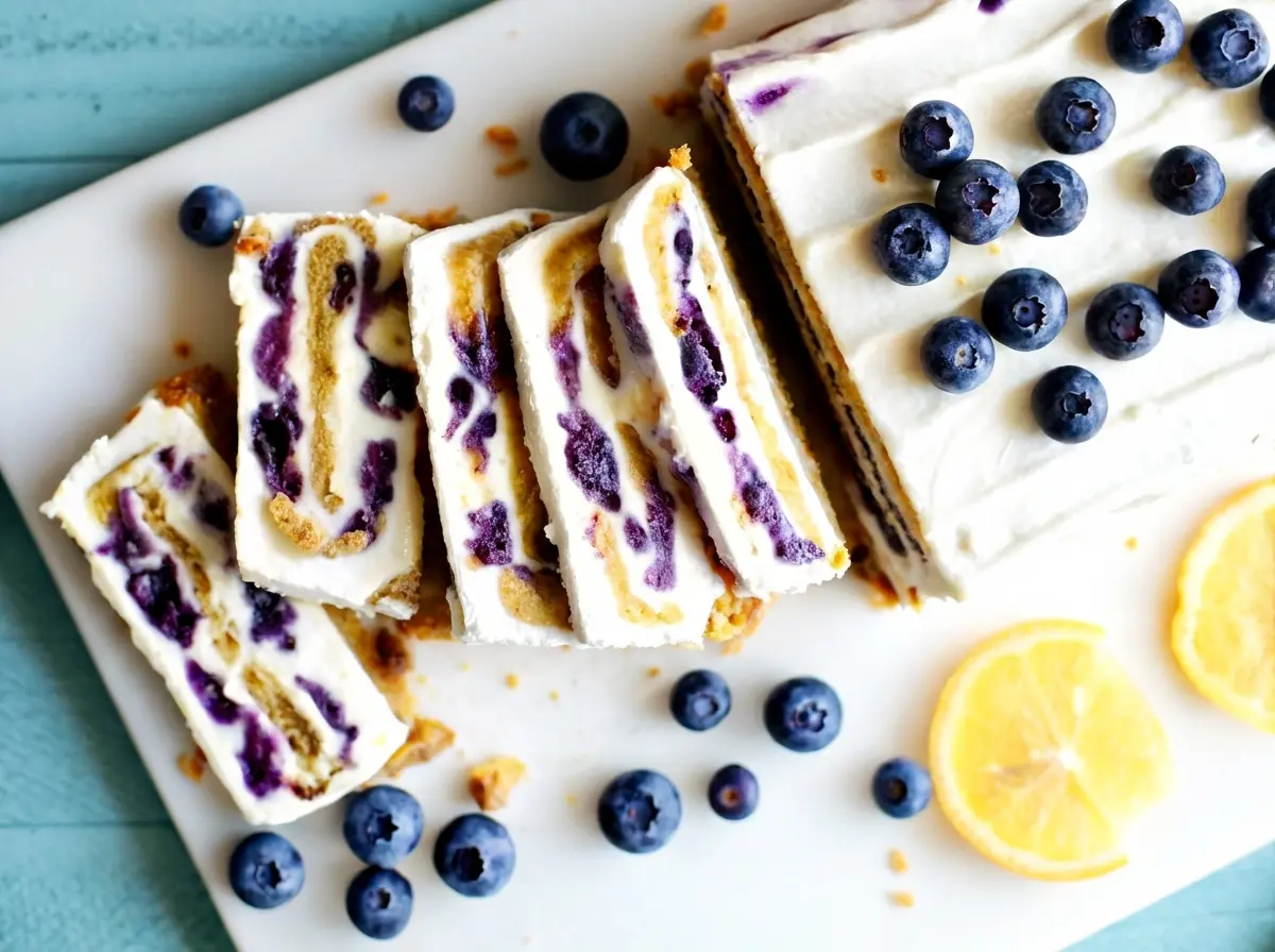 A high-angle, straight-down hero shot of a rectangular loaf-shaped Blueberry Lemon Icebox Cake on a wooden cutting board with a marble countertop background. The cake is inverted, revealing messy but beautiful horizontal layers of softened graham crackers, white lemon cream, and purple blueberry compote swirls. The top is covered in a thick layer of white whipped cream, scattered with frozen-looking fresh blueberries and bright yellow lemon zest curls. Natural morning light casts soft shadows. 4:3 aspect ratio.