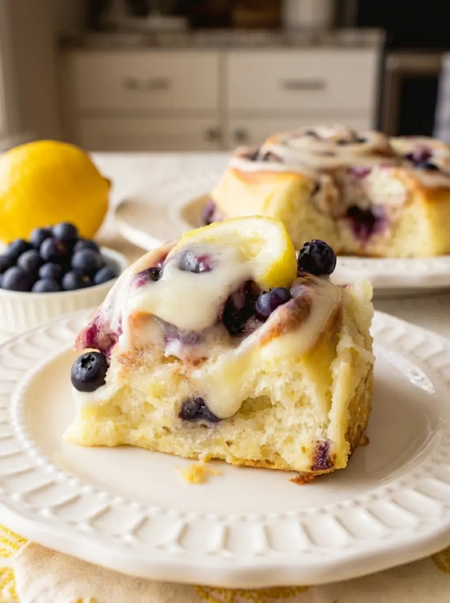 A close-up process shot of the raw dough log being sliced into individual rolls. The cross-section shows the spiral of dough and blueberries. The rolls are being placed into a ceramic baking dish. Background features a textured beige cloth with subtle yellow details. 3:4 aspect ratio.