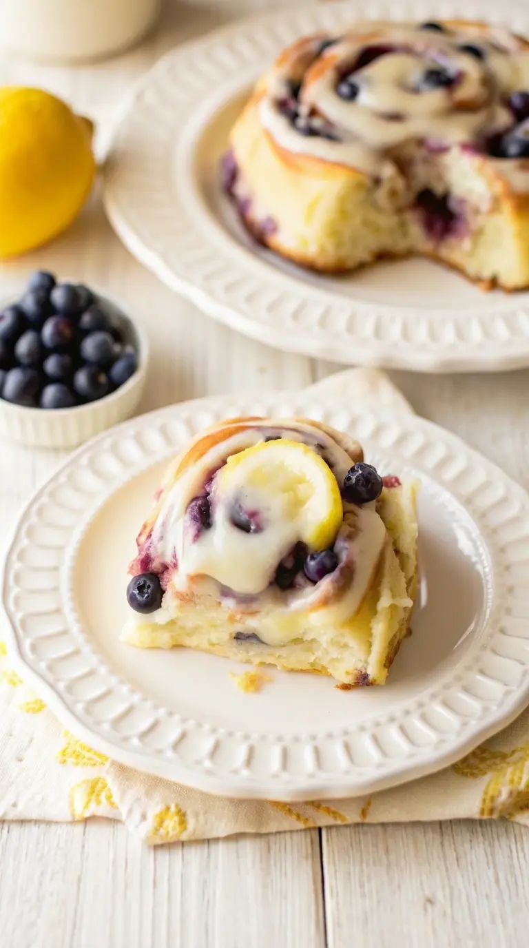 A texture-focused shot of a Blueberry Lemon Sweet Roll being pulled apart. The interior is fluffy, steaming slightly, and stained purple from the blueberries. The white glaze is dripping down the side. In the background, fresh herbs in a small vase add a touch of green to the warm, neutral kitchen palette. 3:4 aspect ratio.