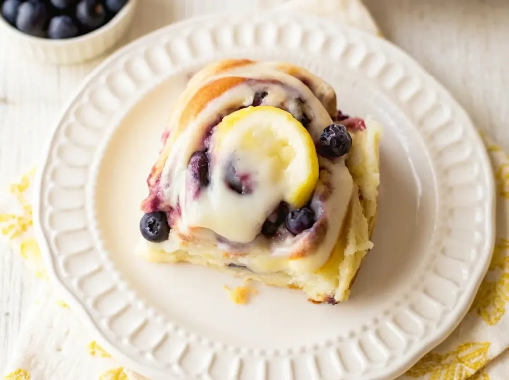 A high-angle hero shot of a single Blueberry Lemon Sweet Roll on a decorative white ceramic plate with subtle scalloped edges. The roll is golden brown, swirled with dark cooked blueberries, and heavily glazed with white icing. A small, fresh lemon wedge sits perfectly on top. The background is a blurred kitchen scene with a marble countertop, a wooden cutting board, and a bowl of fresh blueberries. Natural morning light from the east creates soft shadows. 4:3 aspect ratio.