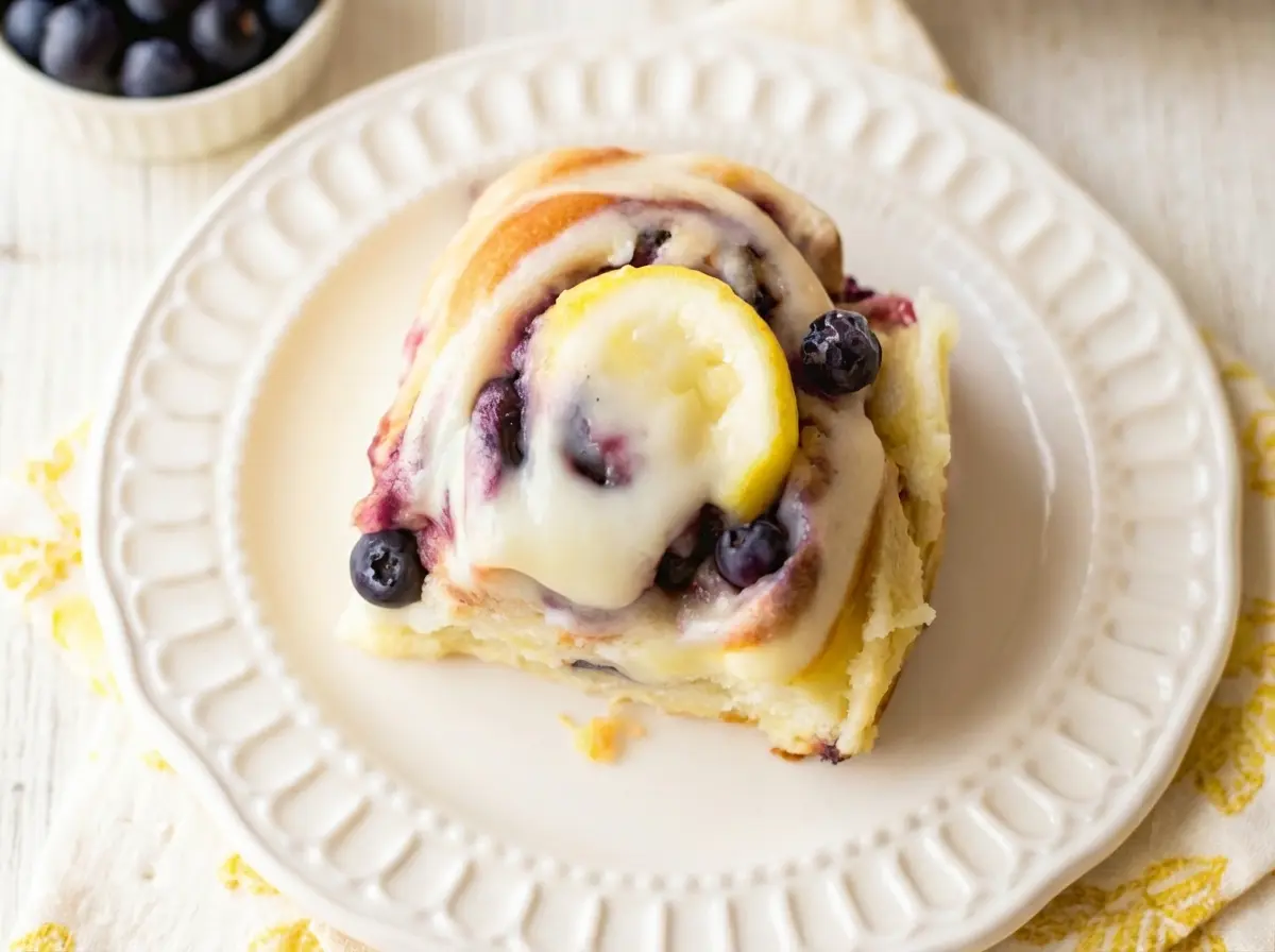 A high-angle hero shot of a single Blueberry Lemon Sweet Roll on a decorative white ceramic plate with subtle scalloped edges. The roll is golden brown, swirled with dark cooked blueberries, and heavily glazed with white icing. A small, fresh lemon wedge sits perfectly on top. The background is a blurred kitchen scene with a marble countertop, a wooden cutting board, and a bowl of fresh blueberries. Natural morning light from the east creates soft shadows. 4:3 aspect ratio.