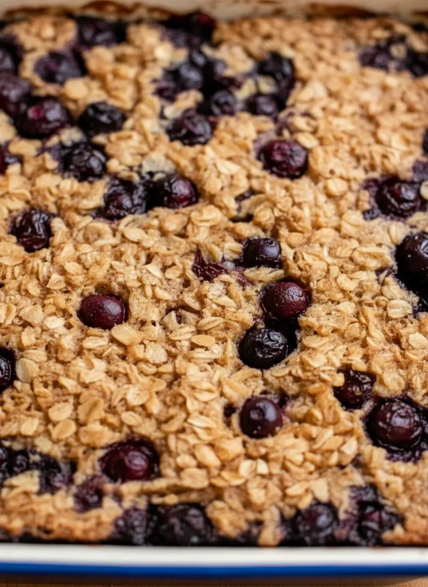 A minimalist arrangement of fresh ingredients for blueberry maple baked oatmeal on a wooden cutting board set on a white marble countertop. Rolled oats in a ceramic bowl, fresh blueberries in a white bowl, a bottle of maple syrup, and a small bunch of fresh mint leaves are visible. Natural morning light from an east window, warm tones, soft shadows, clean and tidy.