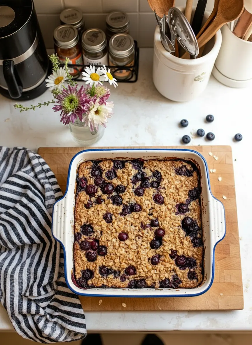 A close-up of the square bronze baking pan, filled with the oatmeal mixture and fresh blueberries, just before going into the oven. The oats are visible, slightly soaked in liquid, with scattered fresh blueberries that are visibly plump. The pan is on a white marble countertop. Soft natural light, warm tones, clean and tidy, reflecting the authentic cooking process.