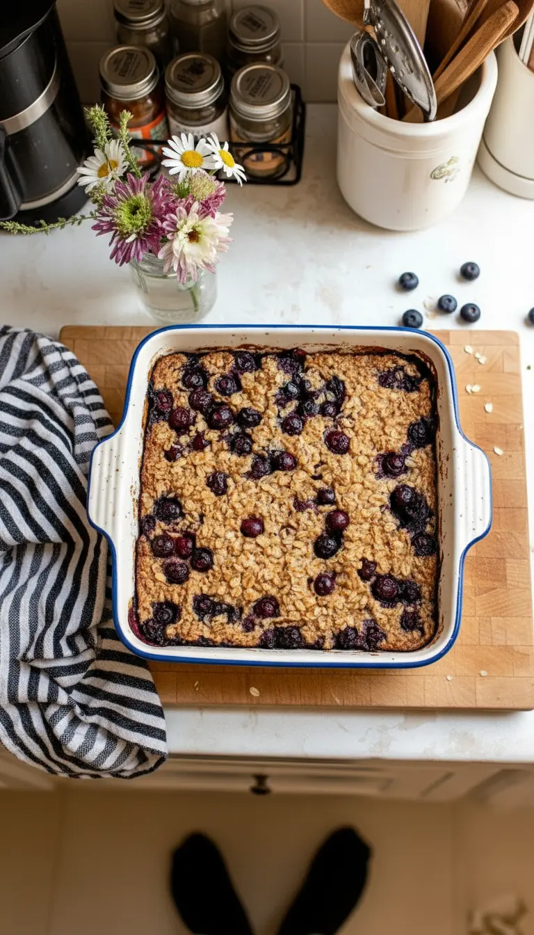 A serving of Blueberry Maple Baked Oatmeal on a minimalist white plate, showcasing the golden oat texture and juicy, bursting blueberries. A drizzle of maple syrup cascades over the top. The plate is positioned on a white marble countertop with a sprig of fresh mint or thyme nearby. Soft natural morning light from an east window, warm tones, clean and tidy presentation.