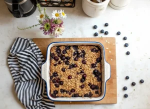 Overhead shot of a square bronze baking pan filled with golden brown baked oatmeal, generously studded with vibrant, burst blueberries. The pan rests on a white textured marble countertop. To the left, a neatly folded black and white striped linen napkin. In the background, out of focus, a small vase of purple and green flowers. Soft natural morning light from an east window casts gentle shadows, creating a warm, inviting atmosphere. Clean and tidy presentation, with wood accents subtly present.