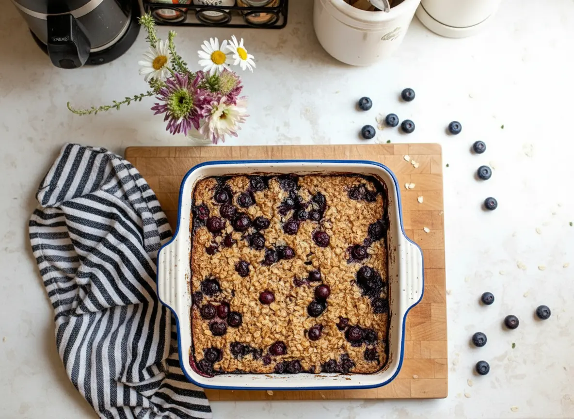 Overhead shot of a square bronze baking pan filled with golden brown baked oatmeal, generously studded with vibrant, burst blueberries. The pan rests on a white textured marble countertop. To the left, a neatly folded black and white striped linen napkin. In the background, out of focus, a small vase of purple and green flowers. Soft natural morning light from an east window casts gentle shadows, creating a warm, inviting atmosphere. Clean and tidy presentation, with wood accents subtly present.