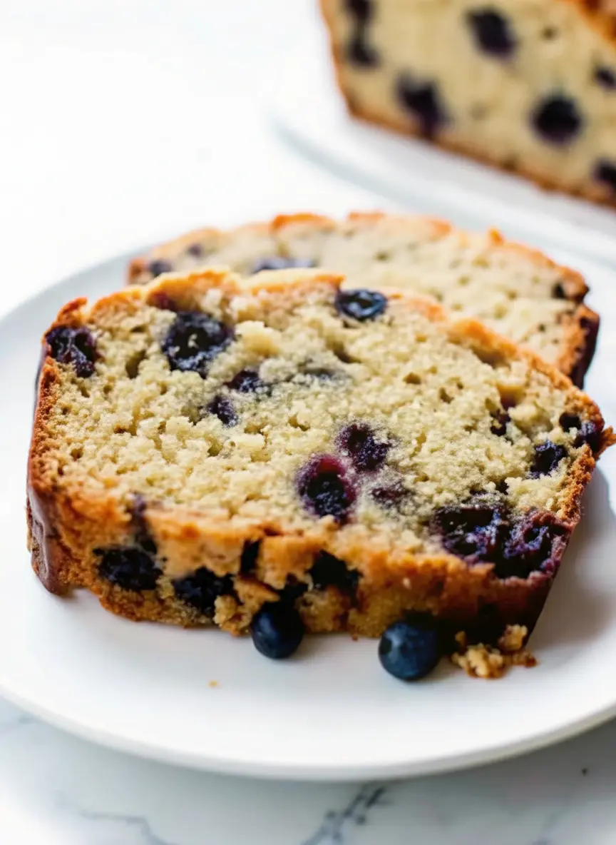 A 3:4 shot of the preparation process showing a ceramic mixing bowl on a marble countertop. The bowl contains the thick, pale yellow batter with flour-coated blueberries being gently folded in with a wooden spoon. In the background, there is a small bowl of fresh blueberries and the wooden cutting board. The lighting is soft and natural, highlighting the texture of the batter.